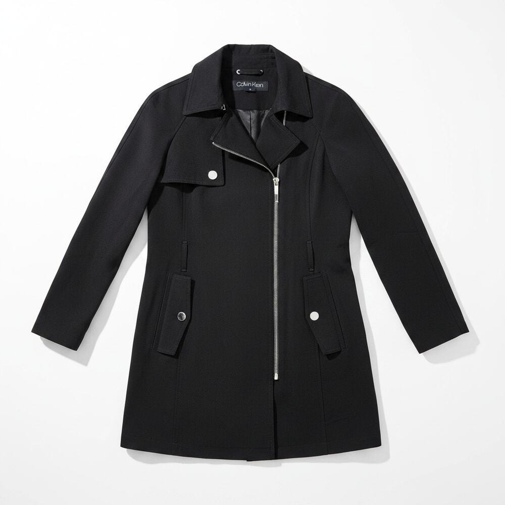 NEW Calvin Klein XS Black Trench Coat Asymmetrical Zip Water Repellant Rain